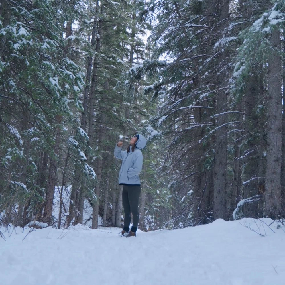 Person standing in a snowy forest