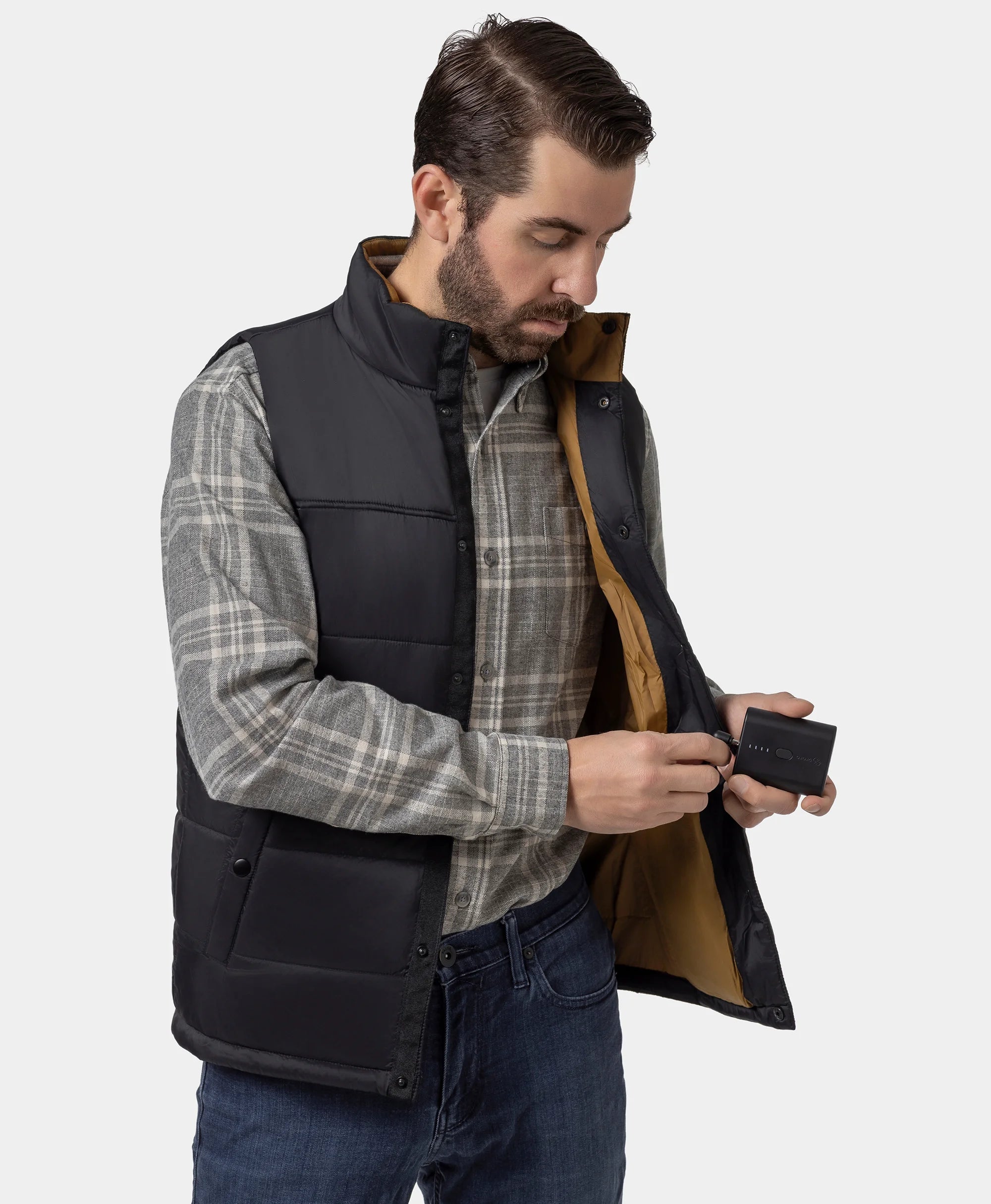 (Open-box) PuffLyte™ Men's Heated Lightweight Vest - Black / Khaki, Thumbnail 4