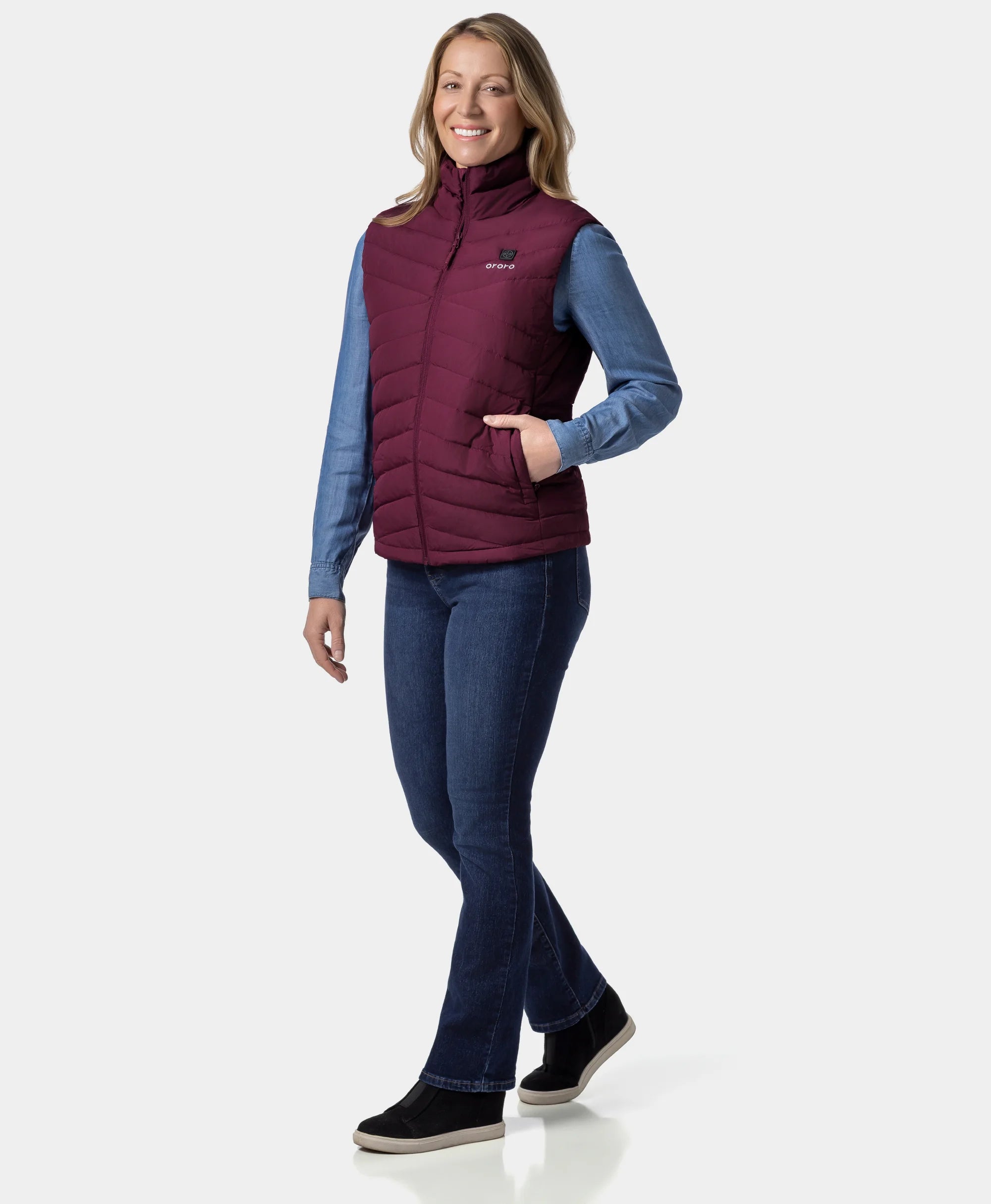 Women's Heated Lightweight Down Vest - Red/Ivory, Thumbnail 5