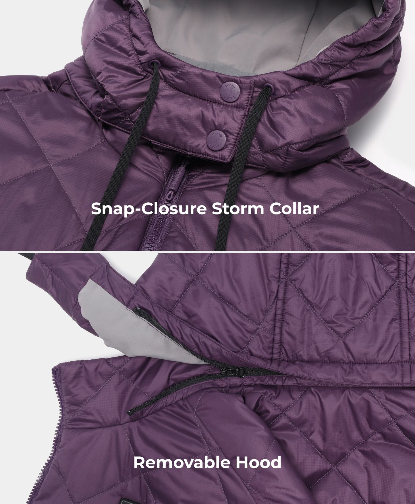Purple jacket with snap-closure storm collar and removable hood