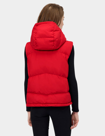 Women's Heated Cropped Puffer Down Vest  With Hood - Red 