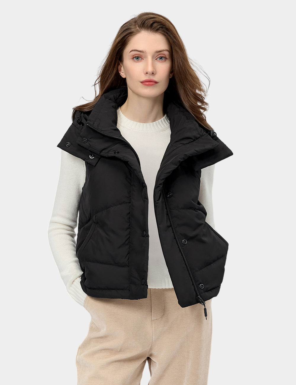 Women's Heated Cropped Puffer Down Vest - Black